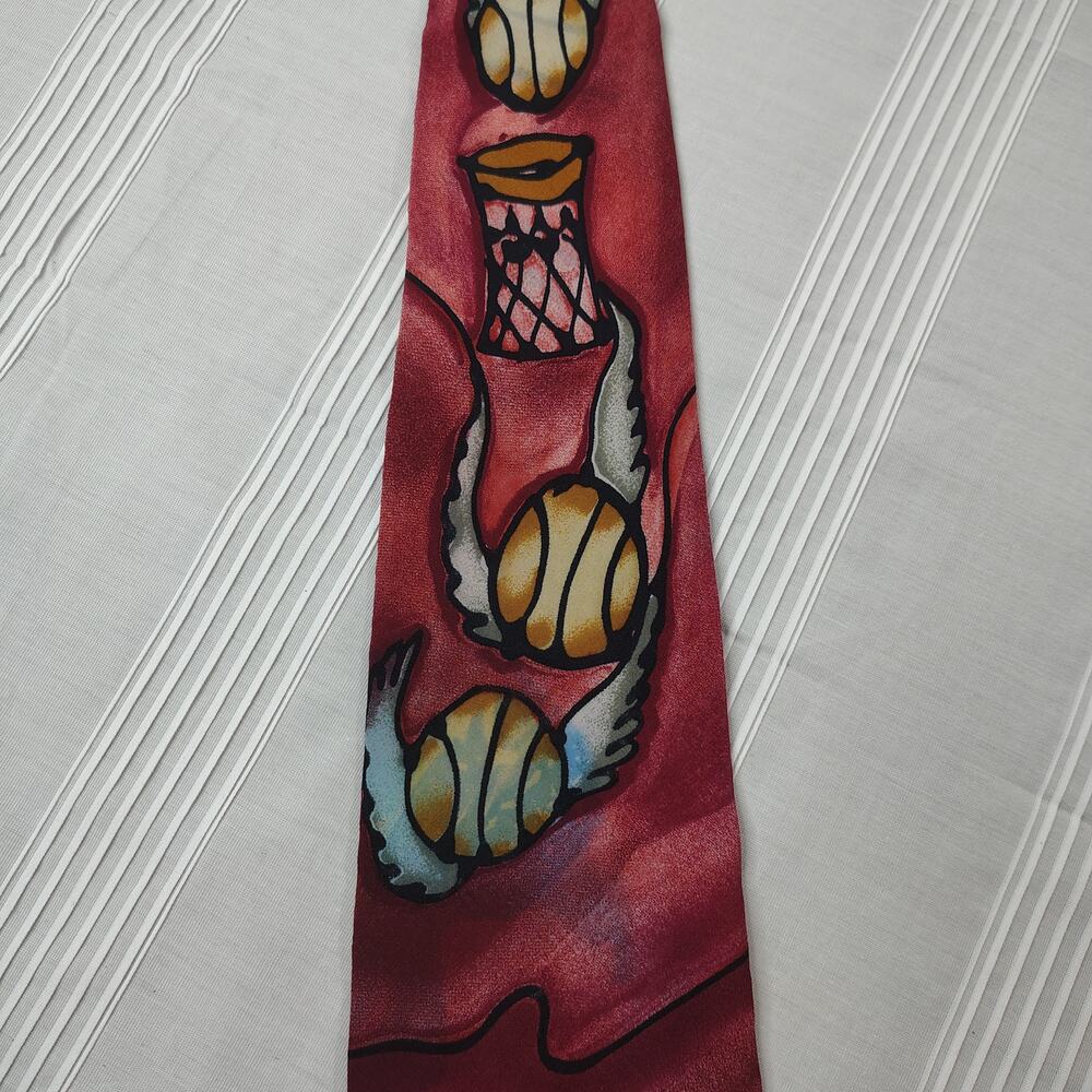 HauserWare Necktie Basketballs with Wings Hoop RARE! Vintage Pink Red Blue Silk
